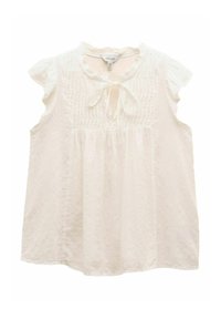 Weiße Bluse mit kurzen, Rüschensleeves, einem runden Ausschnitt und einer Bindung vorne. Aus weichem, strukturiertem Stoff mit gerafften Details.