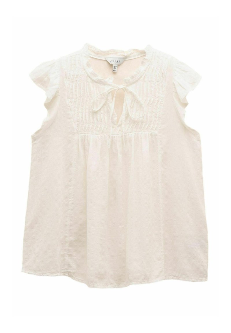 Weiße Bluse mit kurzen, Rüschensleeves, einem runden Ausschnitt und einer Bindung vorne. Aus weichem, strukturiertem Stoff mit gerafften Details.