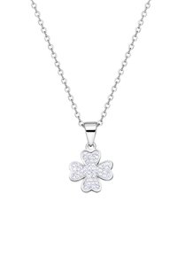 Zilveren metalen ketting met een bloemvormige pendant met een gestructureerde rand en een oppervlak bedekt met kleine sprankelende stenen.