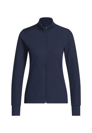 Marineblaue, langärmelige, gerippte Jacke mit Stehkragen und Frontreißverschluss, figurbetonter Silhouette und Bündchen an den Ärmeln.