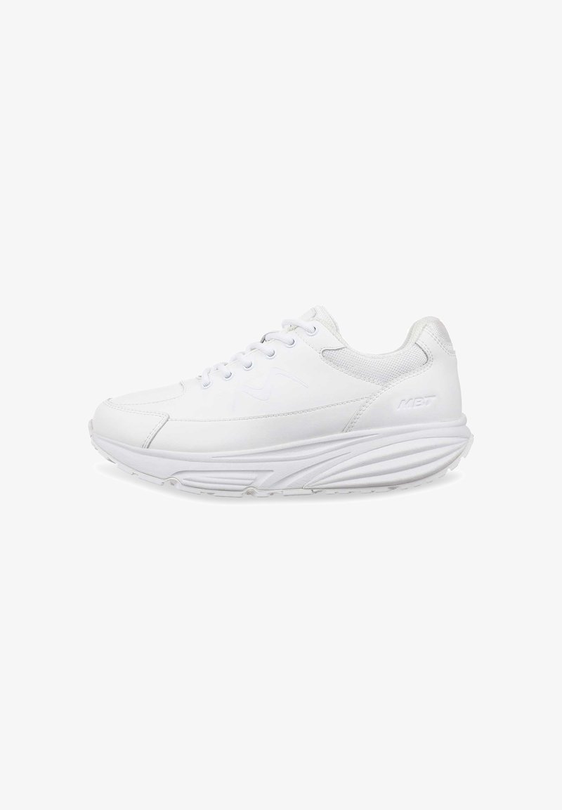 White athletic shoes with a smooth leather upper, mesh accents, and a thick textured sole. Features laces and a logo on the side.