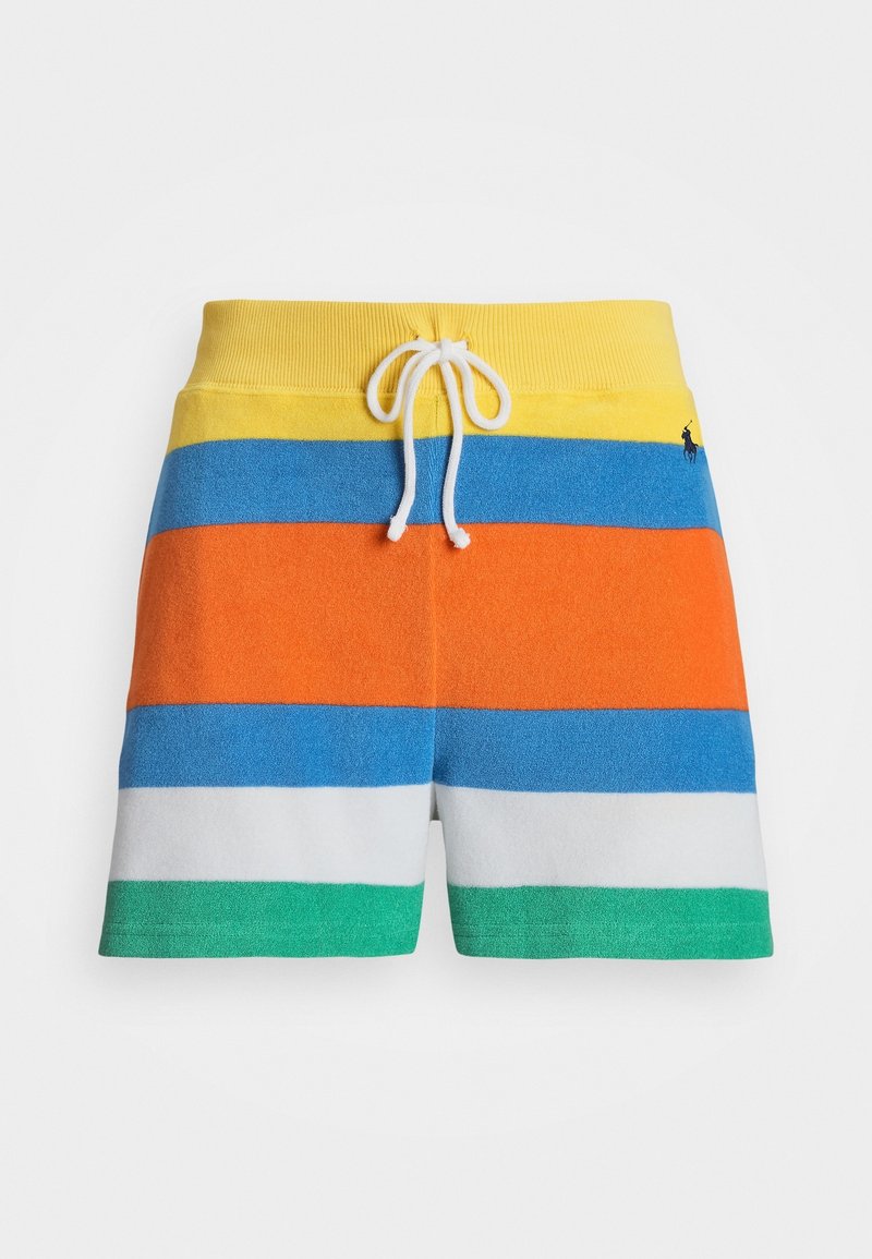 Shorts courts en tissu éponge avec des rayures horizontales jaune, bleu, orange, blanc et vert, avec une taille à cordon blanc.
