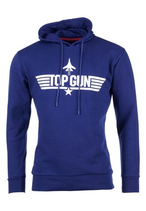 Marineblaue Sweatshirt mit einer Fronttasche, verstellbarem Kordelzug an der Kapuze und einem weißen "TOP GUN"-Logo mit einem Flugzeug und Flügeln.
