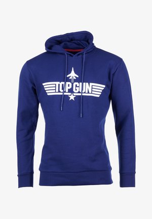 Navy blue sweatshirt with a front pocket, adjustable drawstring hood, and a white "TOP GUN" logo featuring an airplane and wings.