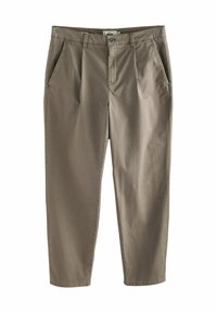 Khakifarbene Chinos aus glatter Baumwolle, ausgestattet mit zwei vorderen Taschen, einem Knopfverschluss und einem geraden Bein. Keine sichtbaren Muster oder Akzente.