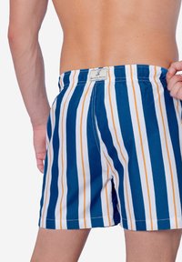 Costumi da bagno a righe blu e bianche con strisce arancioni, una vita elasticizzata e un'etichetta sul retro, che mostra una trama di tessuto liscia.