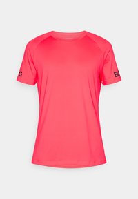 Bright pink short-sleeve t-shirt with a round neckline and black logo on the left sleeve. Smooth fabric, casual fit, and no patterns.