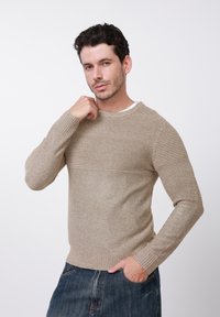 Pull beige en maille avec une texture côtelée sur les épaules et les manches. Col rond standard, ajusté à la taille, porté avec un jean bleu.