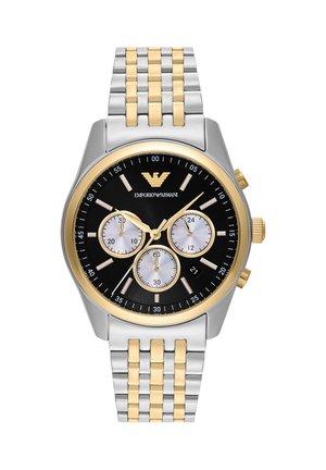 Two-tone silver and gold metal wristwatch with black dial, three subdials, gold hands, markers, and Emporio Armani logo at 12 o'clock.