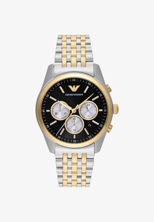 Two-tone silver and gold metal wristwatch with black dial, three subdials, gold hands, markers, and Emporio Armani logo at 12 o'clock.