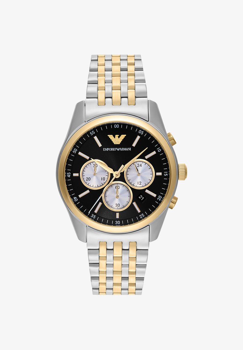Montre-bracelet en métal bicolore argent et or avec cadran noir, trois sous-cadrans, aiguilles dorées, index et logo Emporio Armani à 12 heures.