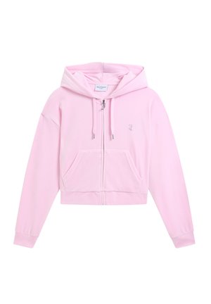 Sweat à capuche rose clair avec fermeture éclair, poches avant, capuche à cordon et petit logo brodé sur la poitrine gauche.
