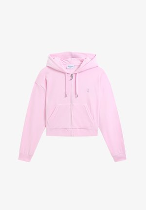 Lichtroze zip-up hoodie met voorzakken, capuchon met trekkoord en klein geborduurd logo op de linkerborst.