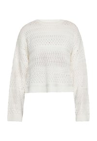 Pulover scurt alb cu tricot texturat, având un model în valuri și găuri decorative. Mâneci lungi cu tivuri și cordon ribatut.