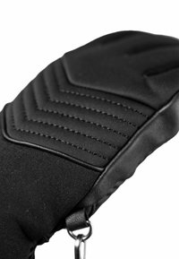Black glove with textured fabric and leather accents, featuring quilted stitching and a metal clip for attachment.