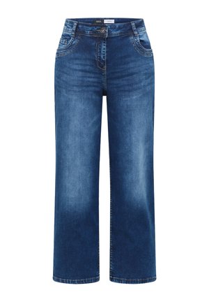Jean large en denim bleu avec bouton à l'avant, fermeture éclair et poches, présentant une légère décoloration sur les cuisses et les genoux.