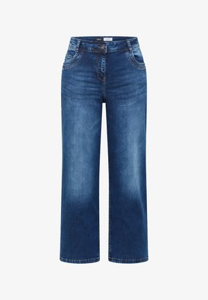 Jean large en denim bleu avec bouton à l'avant, fermeture éclair et poches, présentant une légère décoloration sur les cuisses et les genoux.