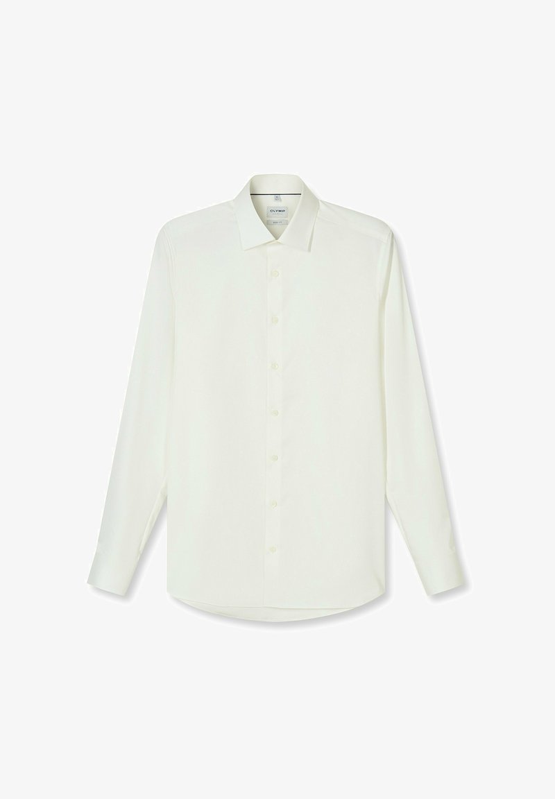 White long-sleeve shirt made of smooth fabric, featuring a classic collar, button front, and a rounded hemline. No visible patterns or accents.