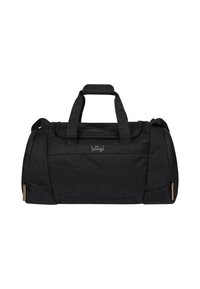 Černá dufflová taška vyrobená z odolné tkaniny, s kulatým tvarem, dvěma uchy a bočním zipovým kapsičkou s koženými akcenty.