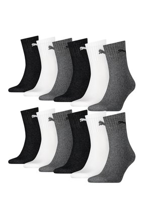 Set aus 12 Crew-Socken in Schwarz, Weiß und Grau. Mit gerippter Textur und einem Logo am Bund. Weiches Material und Design in mittlerer Absatzhöhe.