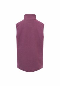 Fleece vest in een diepe paarse tint, met een hoge kraag, mouwloos ontwerp en een gestructureerd, zacht oppervlak met een afgeronde zoom.