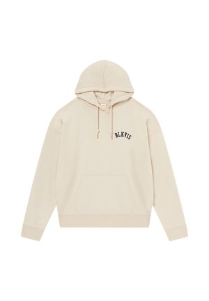 Beežipunane kapuutsiga dressipluus esitasku, küljevahega kapuuts ja must "BLKVIS" tekst vasakul rinnal.