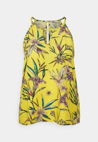 Top amarelo sem mangas com um padrão floral, realçado com detalhes em verde e rosa, um decote em forma de olho de fechadura e um corte descontraído.