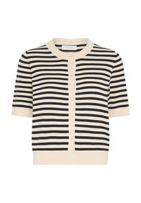 Striped short-sleeve cardigan in cream and navy, featuring a round neckline, button closure, and a ribbed hem. Soft knit material.