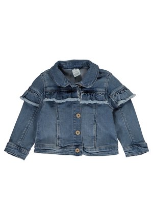 Spijkerjasje voor kinderen met knoopsluiting, geplooide details over de borst en mouwen en een afgeronde kraag in vervaagde blauwe kleur.