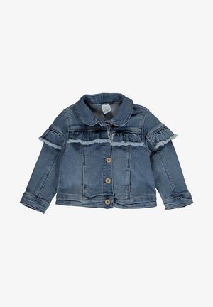 Spijkerjasje voor kinderen met knoopsluiting, geplooide details over de borst en mouwen en een afgeronde kraag in vervaagde blauwe kleur.