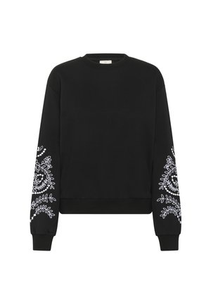Black sweatshirt with long sleeves, featuring white floral embroidery along the arms and a ribbed crew neckline and hem.