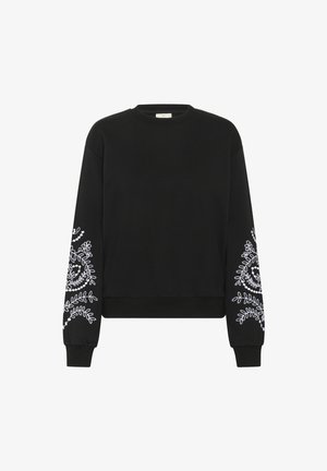 Czarny sweatshirt z długimi rękawami, z białym haftem kwiatowym wzdłuż ramion oraz ściśle wykończonym okrągłym dekoltem i dolnym obszyciem.