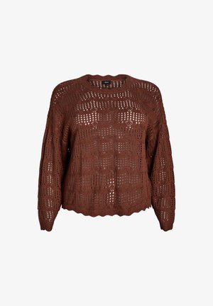 Hnedý pletený sveter s geometrickým otvoreným vzorom, okrúhlym výstrihom a vlnitým lemom. Dlhé rukávy s voľným strihom.