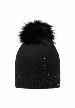 Black knitted winter hat with small black beads and a large black fluffy pom-pom on top, plain white background.