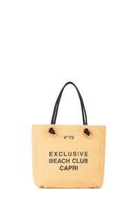 Borsa a tracolla gialla in tela con testo nero "EXCLUSIVE BEACH CLUB CAPRI" e logo. Presenta due manici neri e chiusura con cordino.