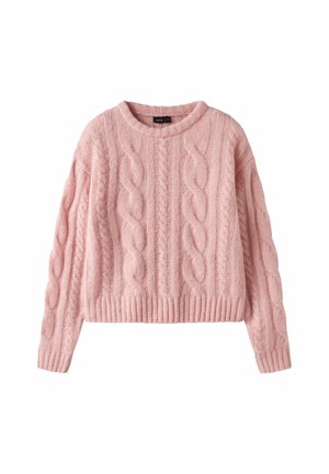 Sweter w warkocz w miękkim różowym kolorze, z okrągłym dekoltem i ściągaczem, z teksturowanym wzorem i długimi rękawami.