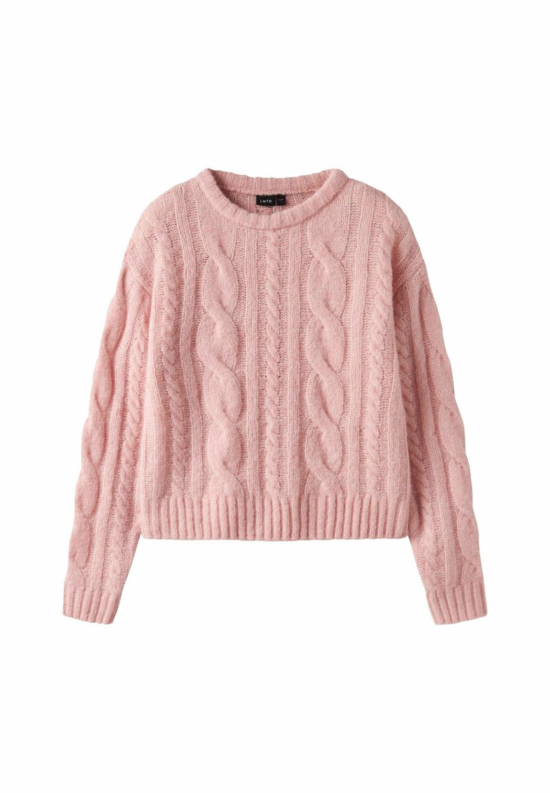 Kabelgebreid sweater in zacht roze, met een geribbelde ronde hals en zoom, met een textuurpatroon en lange mouwen.