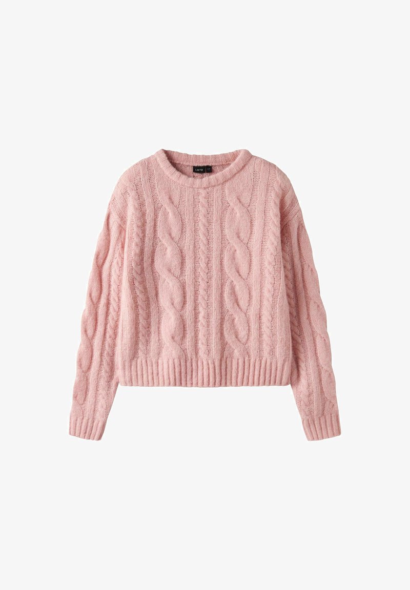 Kabelstrickpullover in sanftem Rosa, mit ribbeligem Rundhalsausschnitt und Saum, mit strukturiertem Muster und langen Ärmeln.