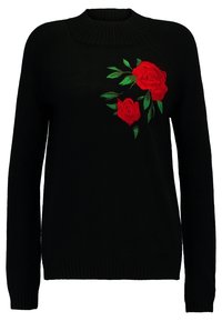 Czarny sweter z dzianiny z żebrowanym kołnierzem. Posiada czerwone wyszywane róże i zielone liście po górnej lewej stronie. Długie rękawy.