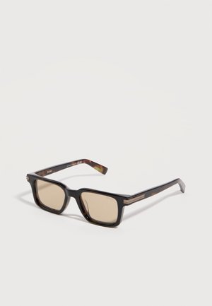 Rectangular tortoiseshell sunglasses with brown tinted lenses and subtle metallic accents on the temples.