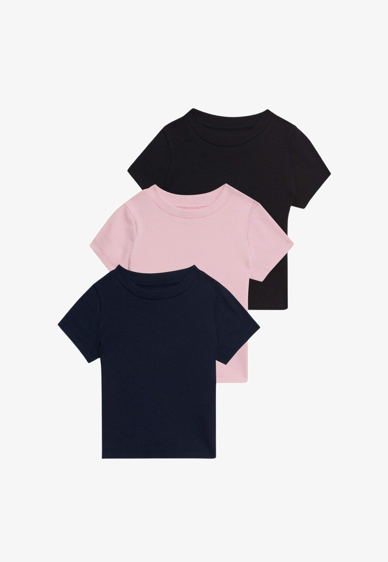 Set van drie T-shirts met korte mouwen in roze, marineblauw en zwart. Gemaakt van ribbed katoen, met ronde hals en een normale pasvorm.