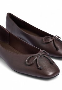 Hnedé kožené balerínky s hladkou textúrou, špicatou špičkou a ozdobnou mašľou vpredu. Minimalistický dizajn, obúvacie štýl.