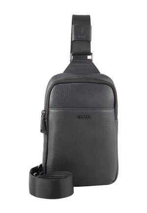 Sac bandoulière compact en cuir noir texturé avec poche zippée à l'avant, bandoulière réglable et logo "JOOP!" à l'avant.