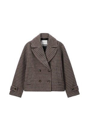 Manteau cropped à double boutonnage marron et noir à carreaux, avec de larges revers, des manches longues, des poches frontales et des poignets boutonnés.