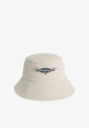 Kremowy kapelusz bucket z kordem, z centralnym haftem w niebieskich i złotych akcentach. Miękka tekstura i szerokim rondem.