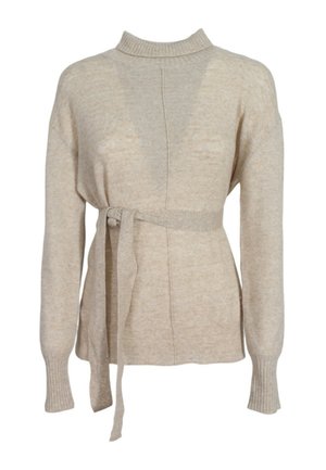 Maglione beige a maglia con colletto alto, vita con cinturino, polsini a coste e un design frontale senza cuciture. Texture morbida con un sottile motivo melange.