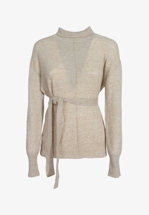 Maglione beige a maglia con colletto alto, vita con cinturino, polsini a coste e un design frontale senza cuciture. Texture morbida con un sottile motivo melange.
