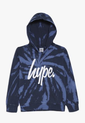 Marineblå tie-dye hættetrøje med hvidt "hype." logo på fronten, lange ærmer, kængurulomme og fastmonteret hætte.