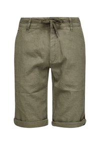 Shorts vert olive en tissu léger, dotés d'une taille à cordon, d'un revers aux ourlets et d'une texture lisse.