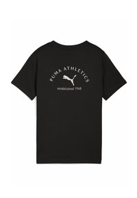 Must t-särk mustast puuvillast, lühikeste varrukatega ja ümmarguse kaelusega. Seljal on tekst "PUMA ATHLETICS asutatud 1948" ja logo.